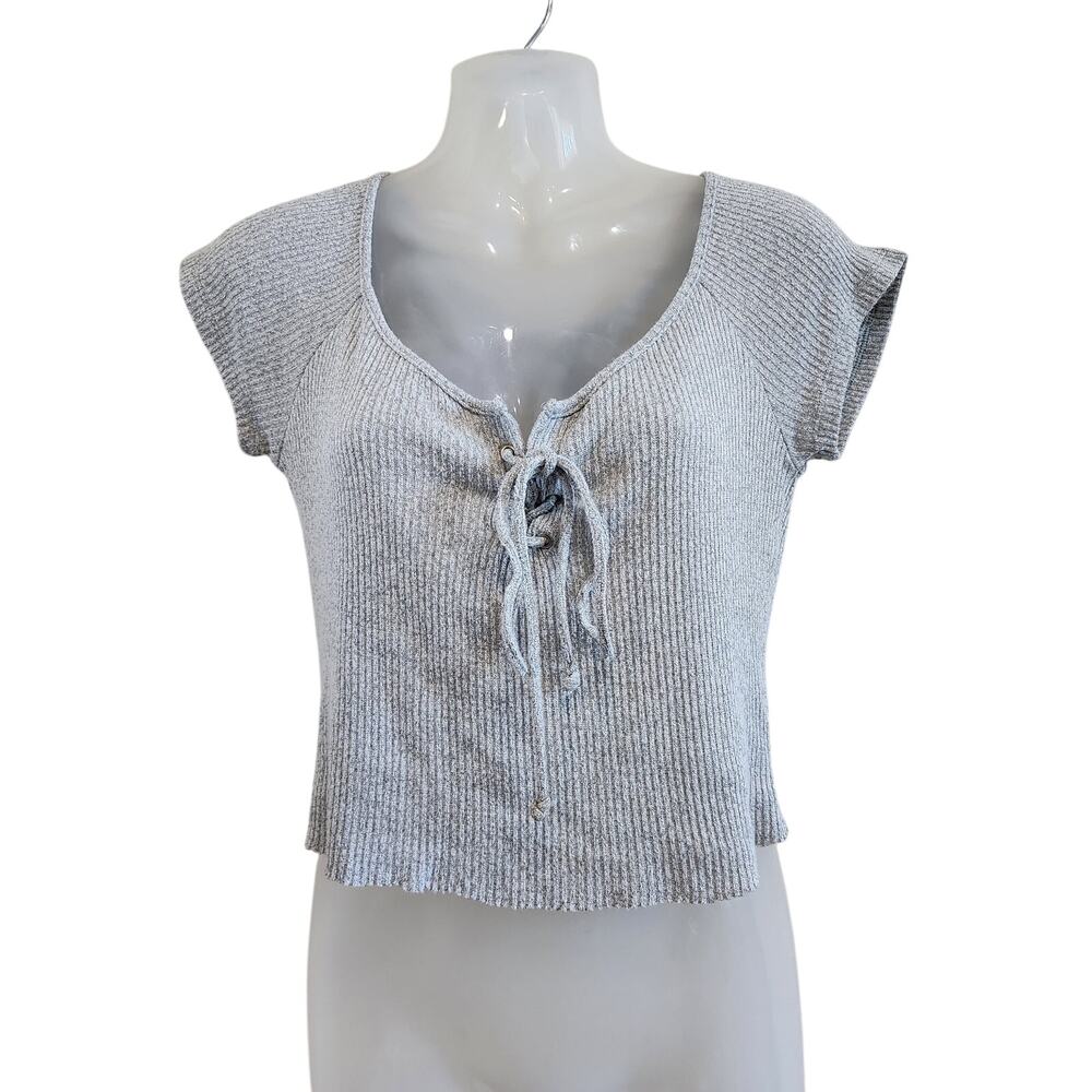 Better Be Lace Up Ribbed Knit Short Sleeve Cropped T-Shirt Gray Size Large